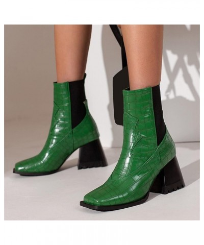 Women's Fashion Colorblock Leather Face Square Toe Chunky High Heel Elastic Mid Boots Biker Boots for Women Wide Green $24.24...