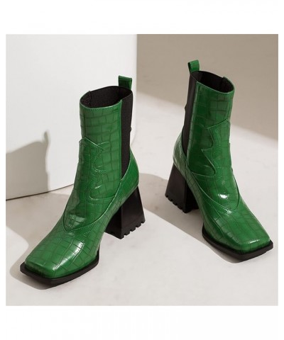 Women's Fashion Colorblock Leather Face Square Toe Chunky High Heel Elastic Mid Boots Biker Boots for Women Wide Green $24.24...