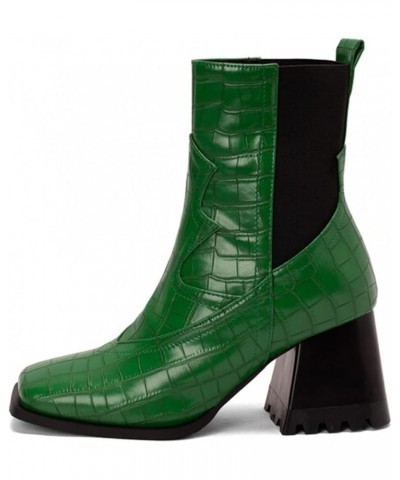 Women's Fashion Colorblock Leather Face Square Toe Chunky High Heel Elastic Mid Boots Biker Boots for Women Wide Green $24.24...