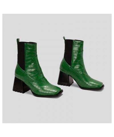 Women's Fashion Colorblock Leather Face Square Toe Chunky High Heel Elastic Mid Boots Biker Boots for Women Wide Green $24.24...