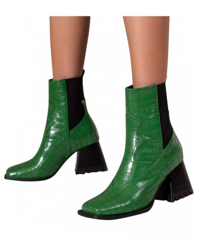 Women's Fashion Colorblock Leather Face Square Toe Chunky High Heel Elastic Mid Boots Biker Boots for Women Wide Green $24.24...