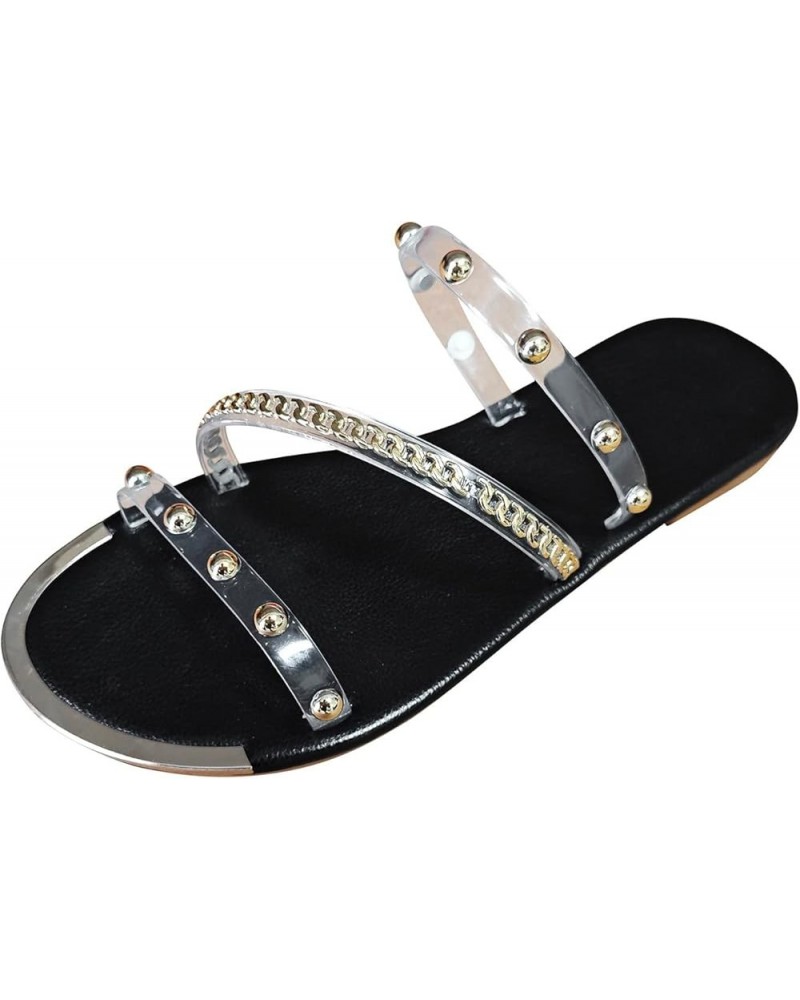 Ladies Fashion Summer Transparent PVC Metal Chain Decorative Flat Bottom Open Toe Sandals House Slippers Women Leopard (Black...