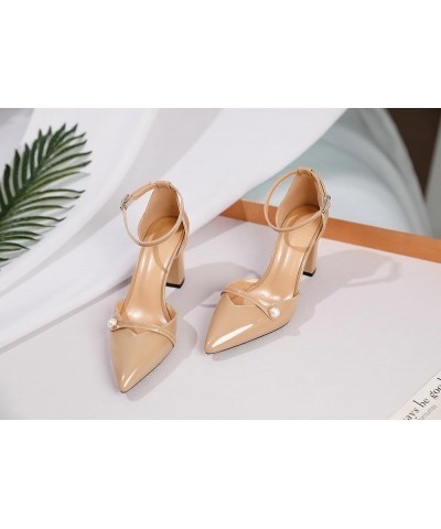 Women Chunky Heel Pumps Pointed Toe Block High Heels Patent Leather with Pearl Heels Ankle Strap Solid Dress Pumps Shoes 3.4 ...