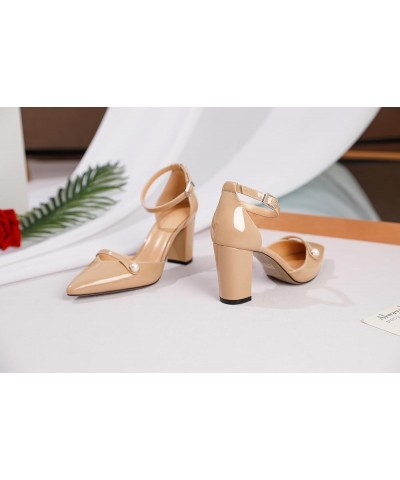 Women Chunky Heel Pumps Pointed Toe Block High Heels Patent Leather with Pearl Heels Ankle Strap Solid Dress Pumps Shoes 3.4 ...