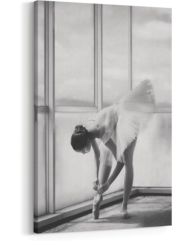 Graceful Ballerina Prep-High-Key BW Portrait of a Woman in Dance-Delicate Ballet Shoes and Skirt-Gentle Pose by Window-Monoch...