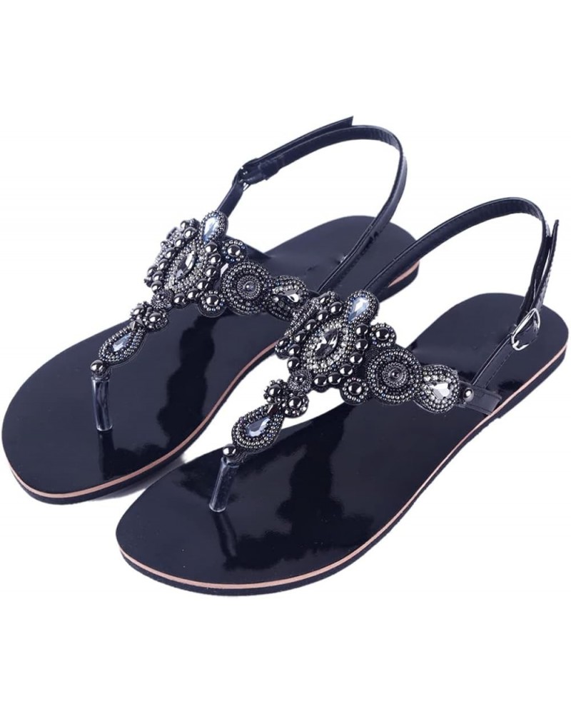 Summer Women Beach Flat Sandals Retro String Bead Shoes Boho T-Strap Diamond Slipper 38 Black $19.30 Sandals