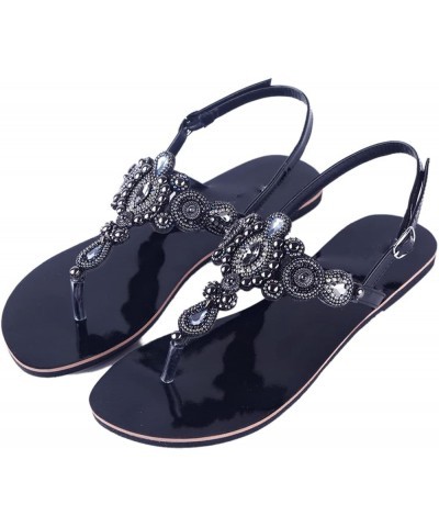 Summer Women Beach Flat Sandals Retro String Bead Shoes Boho T-Strap Diamond Slipper 38 Black $19.30 Sandals