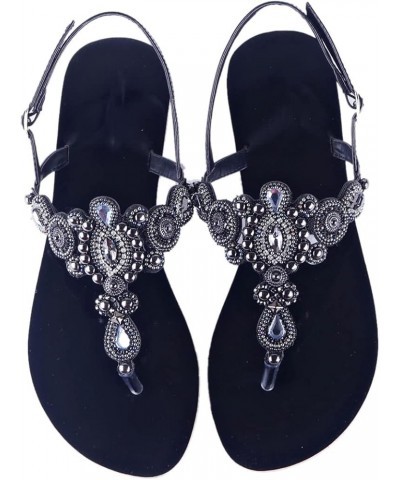 Summer Women Beach Flat Sandals Retro String Bead Shoes Boho T-Strap Diamond Slipper 38 Black $19.30 Sandals