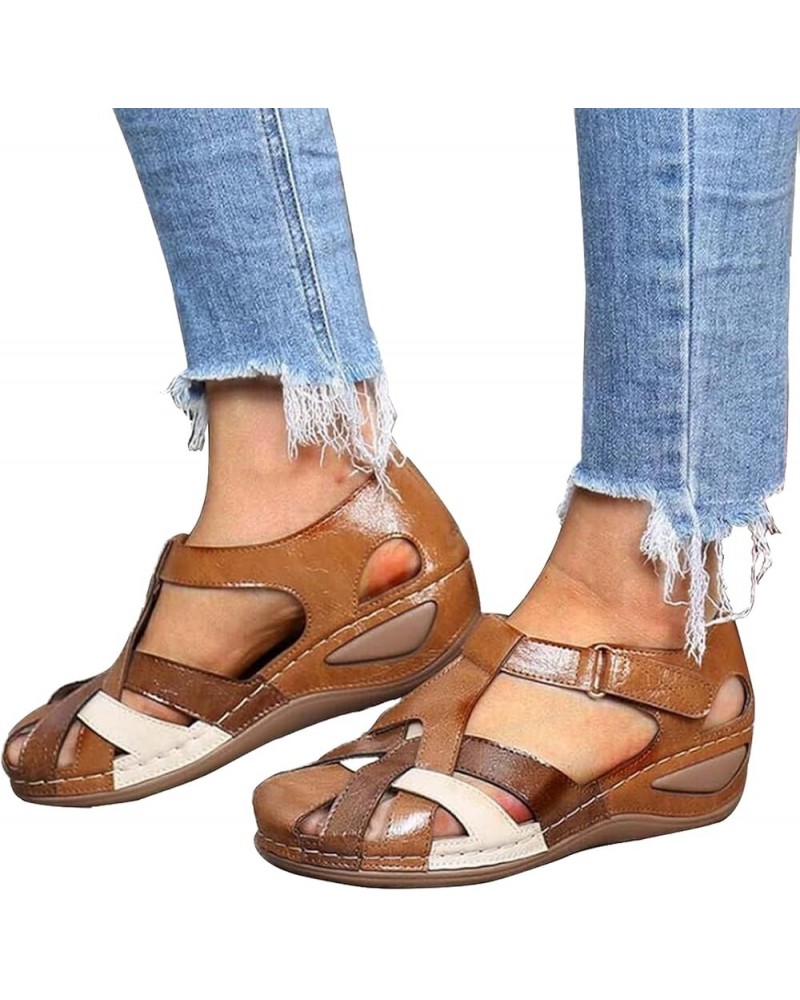 Wedge Sandals for Women Closed Toe, PU Leather Vintage Anti-Slip Sandals Bohemian Gladiator Sandals Casual Cutouts Athletic B...