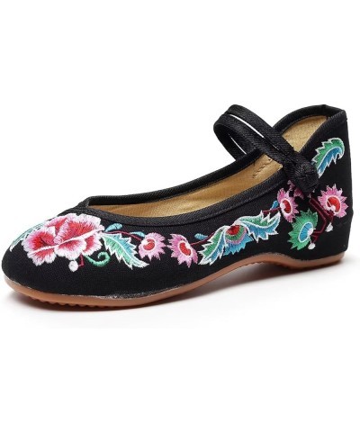 Womens Cute Embroidery Flats Traditional Chinese Height-Increasing Mary Janes Comfy Cosplay Low-heel Party Shoes F128-black $...