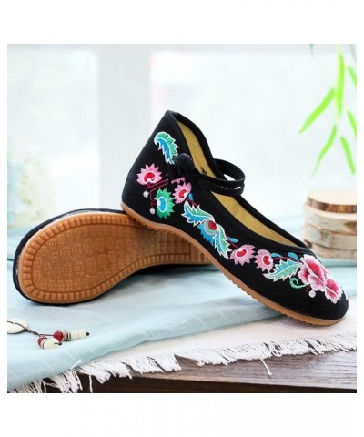 Womens Cute Embroidery Flats Traditional Chinese Height-Increasing Mary Janes Comfy Cosplay Low-heel Party Shoes F128-black $...