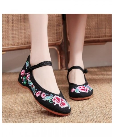 Womens Cute Embroidery Flats Traditional Chinese Height-Increasing Mary Janes Comfy Cosplay Low-heel Party Shoes F128-black $...