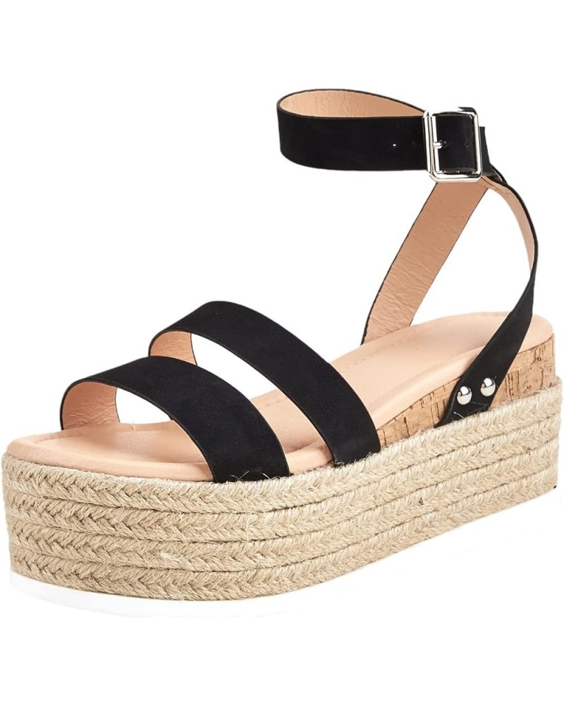 Women Solid Flock Espadrille Wedge Sandals Breathable Fish Mouth Sandals Fashion Casual Roman Slingback Sandals Black 8.5 $35...