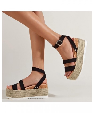 Women Solid Flock Espadrille Wedge Sandals Breathable Fish Mouth Sandals Fashion Casual Roman Slingback Sandals Black 8.5 $35...