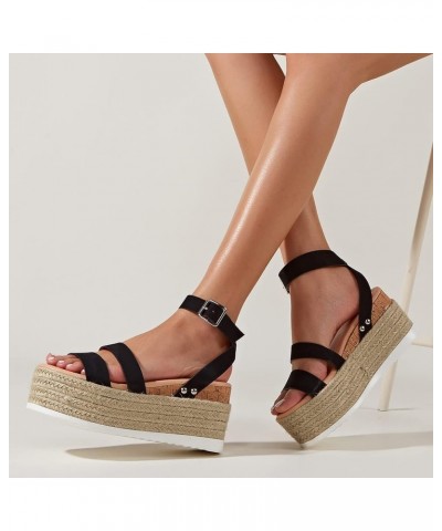 Women Solid Flock Espadrille Wedge Sandals Breathable Fish Mouth Sandals Fashion Casual Roman Slingback Sandals Black 8.5 $35...