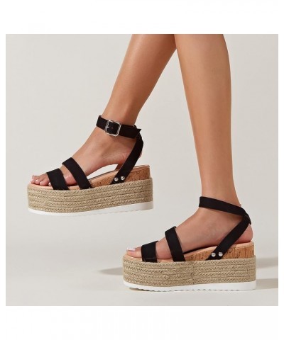 Women Solid Flock Espadrille Wedge Sandals Breathable Fish Mouth Sandals Fashion Casual Roman Slingback Sandals Black 8.5 $35...