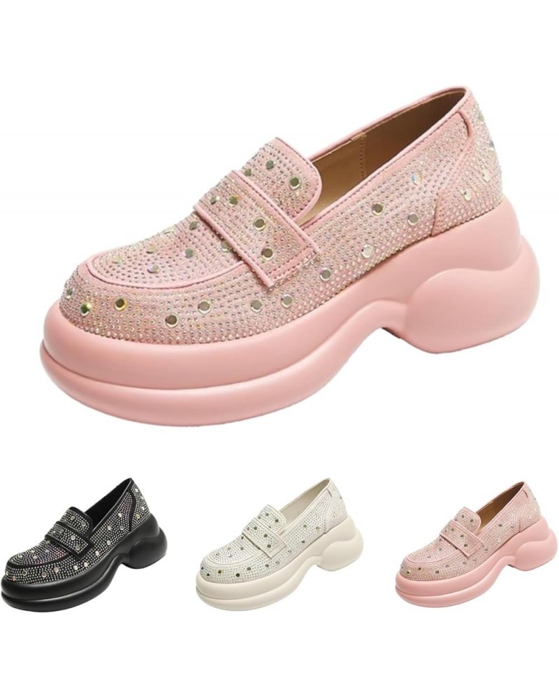 Women's Rhinestone Glitter Platform Loafers,Women's Rhinestone Platform Sandals,Comfort Low Slip-On Anti-Slip Flat Pink $33.0...