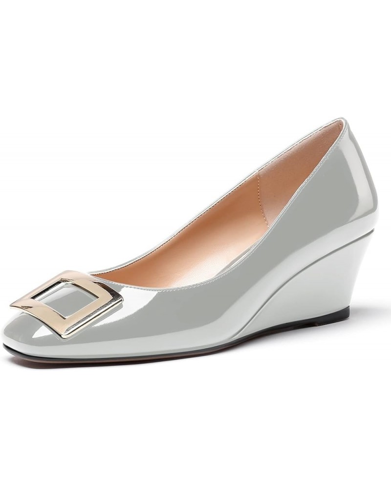 Women's Patent Gold Metal Buckle Square Toe Slip On Wedge Low Heel Pumps Evening Dress Shoes 2 Inch Grey $34.78 Pumps