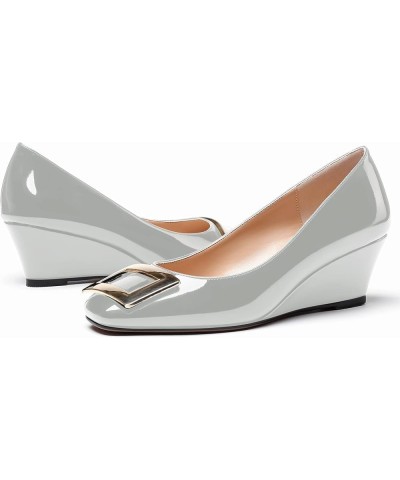 Women's Patent Gold Metal Buckle Square Toe Slip On Wedge Low Heel Pumps Evening Dress Shoes 2 Inch Grey $34.78 Pumps