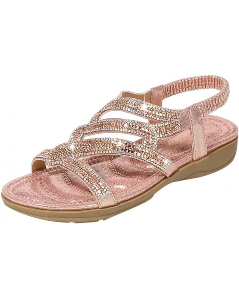 Women Wedge Sandals Sandals For Womens Studded Crystal Shoes Wedges Elastic Strap Roman Sandals platform wedge Z 15-pink $18....