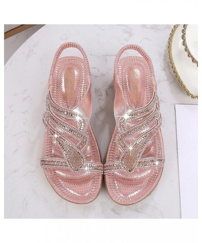 Women Wedge Sandals Sandals For Womens Studded Crystal Shoes Wedges Elastic Strap Roman Sandals platform wedge Z 15-pink $18....