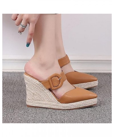 Platform Sandals Thick Sole Wedge Slippers Women Summer Heel Straw Woven Casual Pointed Fisherman Shoes Leather 9 Brown $21.4...