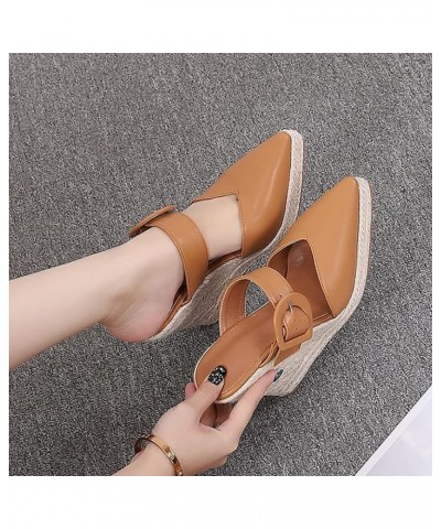 Platform Sandals Thick Sole Wedge Slippers Women Summer Heel Straw Woven Casual Pointed Fisherman Shoes Leather 9 Brown $21.4...