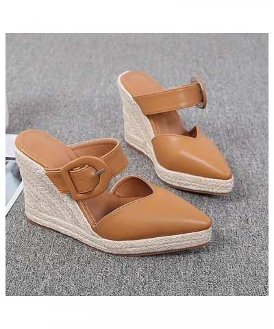 Platform Sandals Thick Sole Wedge Slippers Women Summer Heel Straw Woven Casual Pointed Fisherman Shoes Leather 9 Brown $21.4...