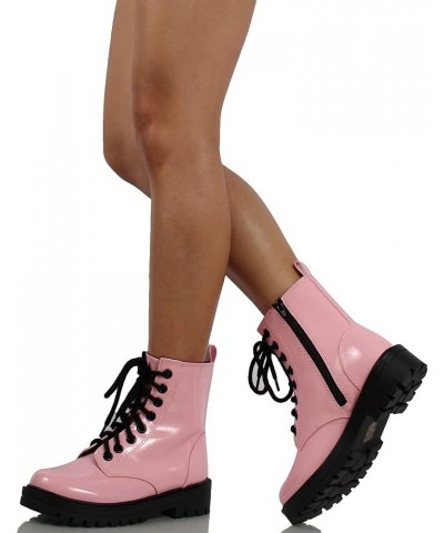 Soda Women's Combat Lace Up Ankle Boot Pink Pat $34.99 Boots