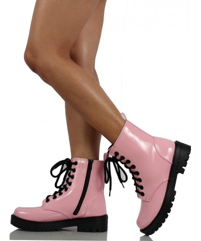 Soda Women's Combat Lace Up Ankle Boot Pink Pat $34.99 Boots