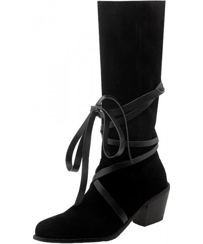 Women Casual Western Boots Mid High Suede Cowboy Boots Chunky Heels 210 Black $32.48 Boots