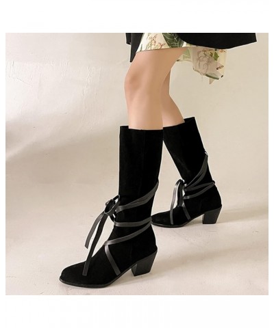 Women Casual Western Boots Mid High Suede Cowboy Boots Chunky Heels 210 Black $32.48 Boots