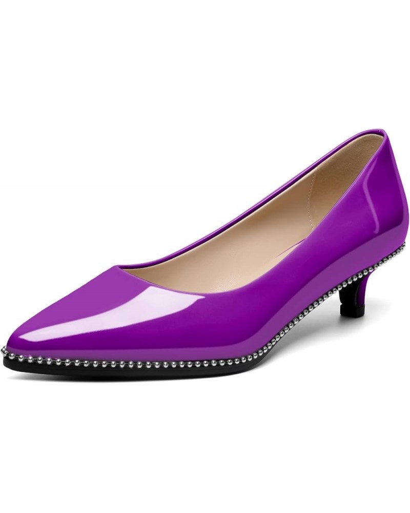 Women's Kitten Heel Pumps Pointy Toe Low Heel Slip-on with Beaded Dress Shoes for Ladies Office Wedding Work Evening 4CM Purp...