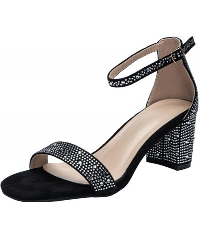 Sandals for Women Dressy Summer,Womens Rhinestones Open Toe Ankle Strap Thick High Heeled Sandals Bride Pumps Shoes Black $22...