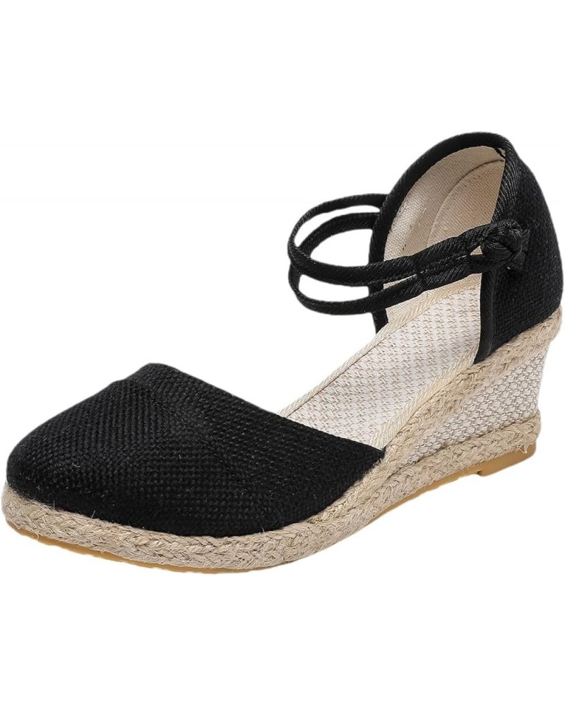 Womens Wedges Espadrilles Sandals Closed Toe Platform Ankle Strap Sandals Summer Casual Walking Beach Boho Sandals Black $13....