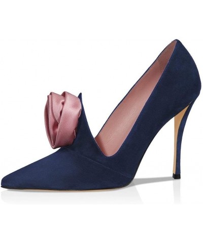 Evening Elegant Dress Pumps Suede Pointed Toe High Heels Stilettos Rose Flower Shoes for Women Navy $36.37 Pumps