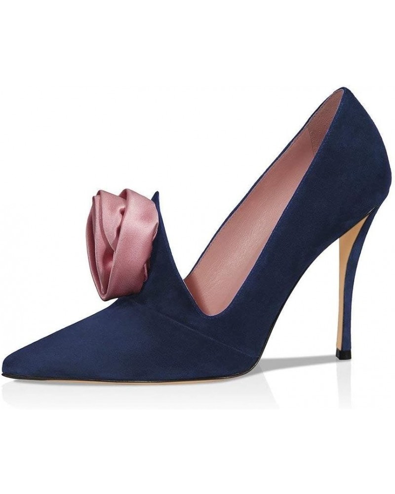 Evening Elegant Dress Pumps Suede Pointed Toe High Heels Stilettos Rose Flower Shoes for Women Navy $36.37 Pumps