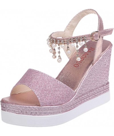 Platform Sandals for Women, Fashion Women Sandals Wedge High Heel Buckle Strap Pearl Platform Shoes Z 01-pink $25.24 Sandals