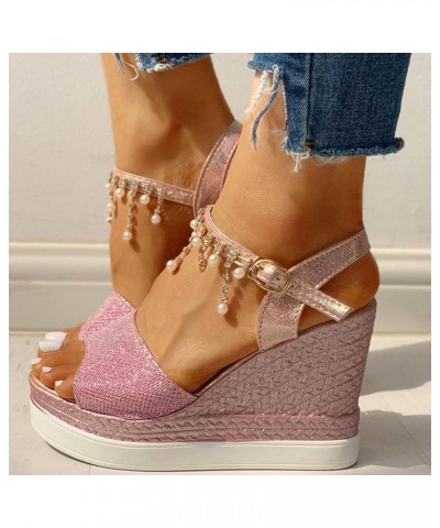 Platform Sandals for Women, Fashion Women Sandals Wedge High Heel Buckle Strap Pearl Platform Shoes Z 01-pink $25.24 Sandals