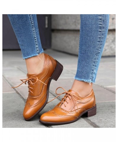 Women's Retro Solid Color Oxfords Chunky Heel Brogues Yellow $24.46 Oxfords