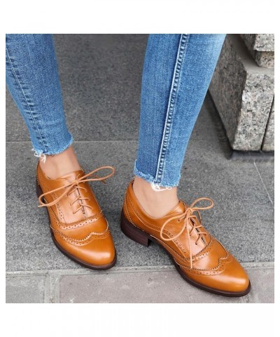 Women's Retro Solid Color Oxfords Chunky Heel Brogues Yellow $24.46 Oxfords