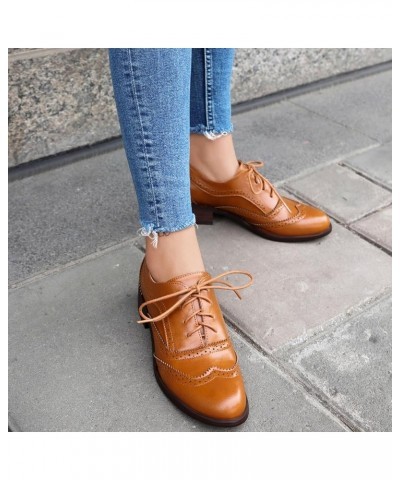 Women's Retro Solid Color Oxfords Chunky Heel Brogues Yellow $24.46 Oxfords