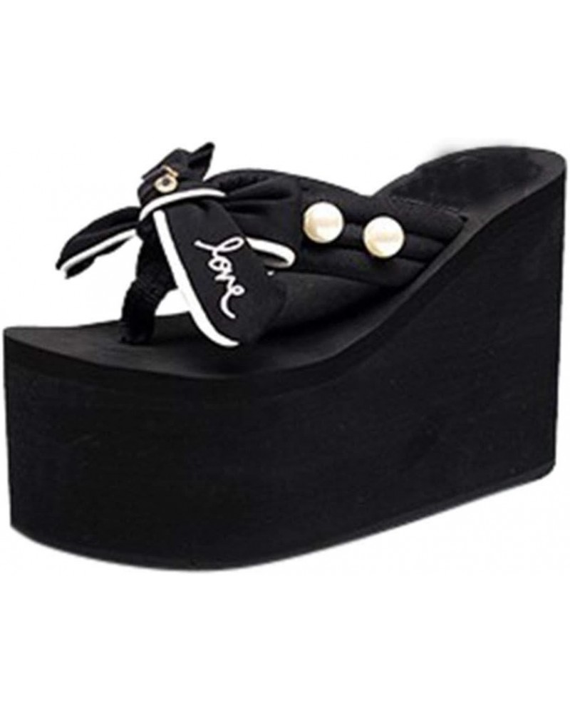 Women's Fashion Flower Wedges Flip Flops Platform Sandals Slippers Beach Shoes D Black $21.08 Sandals