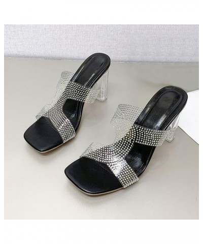 Ladies Fashion Transparent Rhinestone PVC Square Open Toe Buckle Thick High Heeled Sandals Tassel Sandals for Women (White, 8...