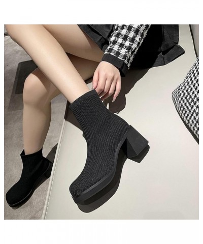 2022 Women's Autumn and Winter New Vintage British Style Round Head Thick Heel Elastic Flying Weaving Socks Boots Fashion Boo...