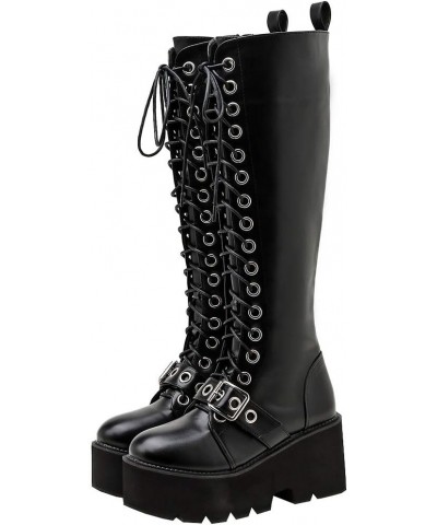 Women's Knee High Goth Platform Buckle Boots Chunky High Heel Lace Up Punk Combat Boots with Chain Black Buckle Style 1 $42.3...