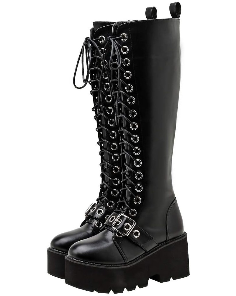 Women's Knee High Goth Platform Buckle Boots Chunky High Heel Lace Up Punk Combat Boots with Chain Black Buckle Style 1 $42.3...