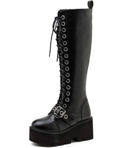 Women's Knee High Goth Platform Buckle Boots Chunky High Heel Lace Up Punk Combat Boots with Chain Black Buckle Style 1 $42.3...