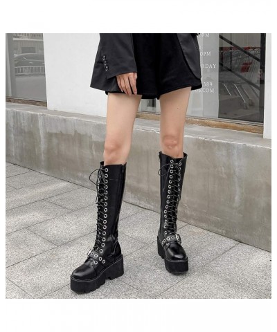 Women's Knee High Goth Platform Buckle Boots Chunky High Heel Lace Up Punk Combat Boots with Chain Black Buckle Style 1 $42.3...