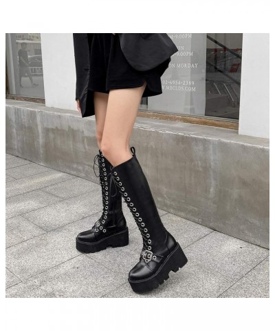 Women's Knee High Goth Platform Buckle Boots Chunky High Heel Lace Up Punk Combat Boots with Chain Black Buckle Style 1 $42.3...